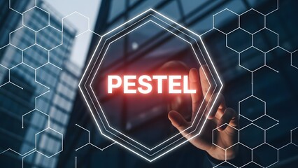 Close up of hand touching glowing pestel analysis concept with digital background