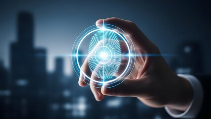 Hand holding a glowing digital fingerprint with a city skyline background