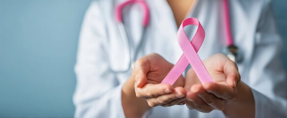 The Pink Ribbon Held by Doctor Emphasizing Breast Cancer Awareness and Support