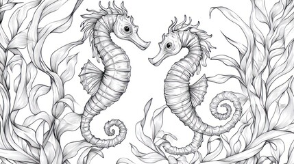Fototapeta premium Two seahorses in kelp forest, detailed line drawing, coloring page