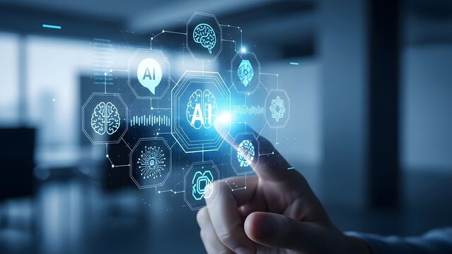 Hand interacting with a digital AI interface displaying brain and network icons - Powered by Adobe
