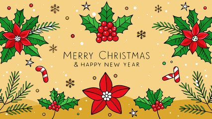 Christmas holiday greeting with poinsettias and holly Vector