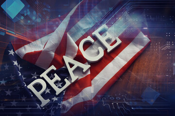 Double exposure Peace Word and abstract technology background. International conflict, American...