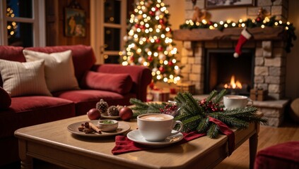 Hot chocolate cup on wooden table with Christmas tree background