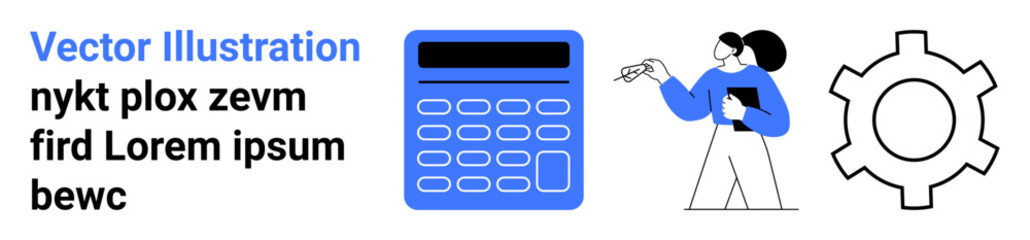 Fototapeta premium Calculator, woman presenting with clipboard, gear symbolizing process and optimization. Ideal for business analysis, financial planning, teamwork, productivity, operations, strategy simple landing