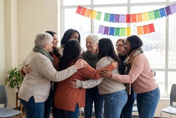 Group of Diverse Women Hugging in Celebration  Embracing Female Solidarity on Women's Day