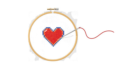 A realistic illustration of a red pixelated heart being cross-stitched with red thread onto fabric held in a wooden embroidery hoop.