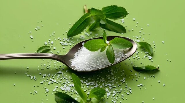 Stevia granular sweetener with fresh green stevia leaves on a decorative spoon