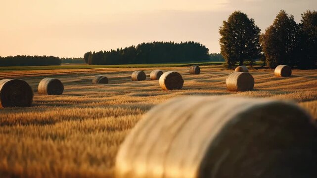 Round hay bales scattered in a stubble field, bathed in warm sunset light