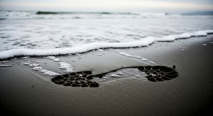 Footprint in the Sand Washed Away by Ocean Waves on a Cloudy Day.