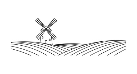 A serene and minimalist line art illustration of a traditional windmill standing on rolling hills with plowed fields in the foreground.
