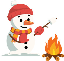 Snowman enjoying winter camping with marshmallow treat