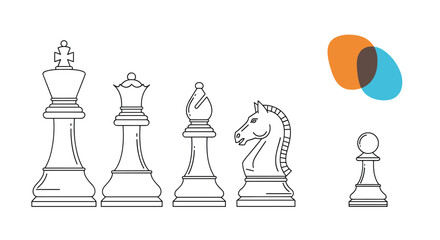 A minimalist black line art illustration of a set of chess pieces including the king, queen, bishop, knight, and pawn.