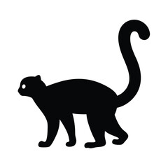 Silhouette of a walking Lemur with a long, curved tail up