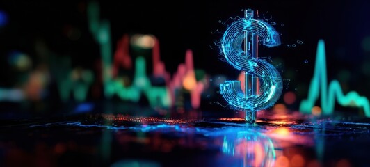The Dollar Sign Hologram Illuminated Over Digital Financial Market Data and Pulse Waveform