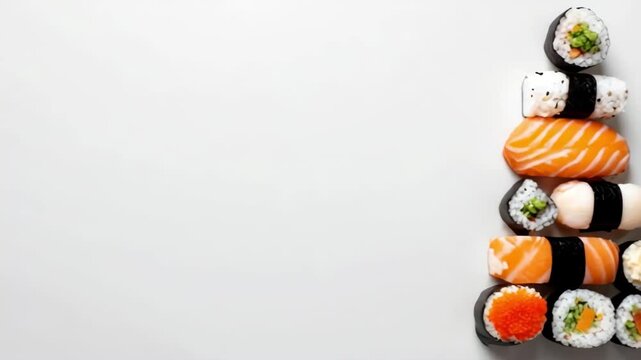 Sushi pieces arranged as a christmas tree on a white background, representing japanese holiday food, copy space