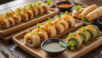 “Assorted Asian Appetizers with Sushi, Spring Rolls, and Edamame”. appitizers