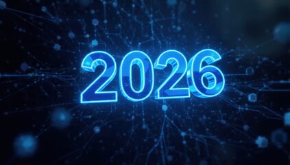 2026 Year Concept on Dark Blue Futuristic Digital Network Background. Neon Glowing Text for Future Technology, Business, and Data Science Timeline.