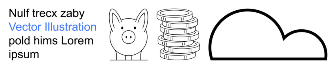 Personal finance, saving money, digital storage, cloud technology, online banking, economics. Piggy bank, coin stack and cloud icon in simple black design. Saving money and digital storage