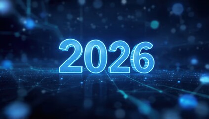 2026 Digital Future Concept. Glowing Blue 3D Wireframe Number on Abstract Network Background, Technology Innovation, Data, and Connectivity.