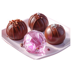 Obraz premium Premium 3D Transparent Chocolate Truffles with Purple Gem Candy Garnish for Luxury Dessert and Confectionery Creative Projects