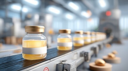 Aerial view of glass jars filled with liquid on a conveyor belt in a modern food production facility showcasing efficient manufacturing processes