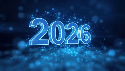 2026 Futuristic Digital Year Number in Glowing Blue Wireframe on Abstract Dark Network Background. Concept of Tech Forecast, New Era, Business Plan, and Data Connectivity.