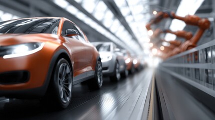 Modern automobile assembly line featuring robotic arms welding car bodies, showcasing advanced automotive manufacturing technology and efficiency