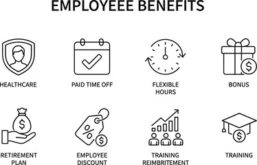 Employee benefits icon set featuring healthcare, paid time off, flexible hours, bonuses, retirement plans, discounts, training reimbursement, and workplace compensation elements