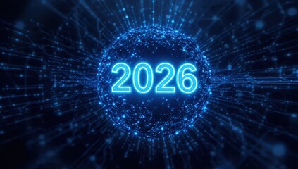 2026 Digital Future Concept: Glowing blue neon number inside a futuristic global sphere with abstract data network connections, symbolizing technological innovation and timeline.