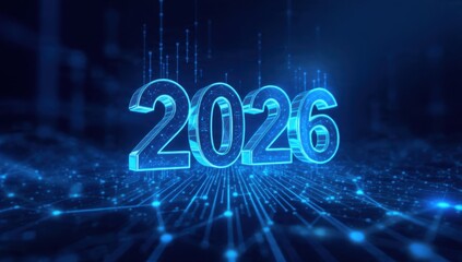 Futuristic 2026 3D text rendered in glowing blue neon light on a dark digital circuit board background, symbolizing innovation, technological growth, and future data connectivity.