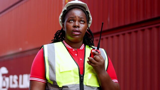 Logistics coordinator communicates at shipping yard industrial setting photograph urban environment close-up view teamwork concept