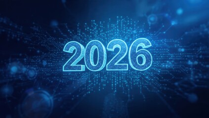 2026 Digital Technology Year. Abstract glowing wireframe numbers on a deep blue motherboard background. Concept for future innovation, financial forecast, data science, and AI development.