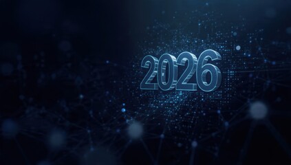 Metallic and Glowing 2026 Year Numerals over Abstract Digital Plexus Grid. Concept of New Year, Data Connectivity, Technology Roadmap, and Business Strategy.
