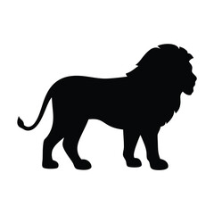 Detailed black silhouette of a majestic male lion standing on white
