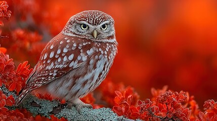 Owl perched on a branch with vibrant red foliage in the background.