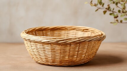 Obraz premium A handcrafted woven straw basket rests on a wooden table. The soft background accentuates its natural color and intricate design, perfect for home decor or storage.