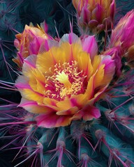 Colorful cactus flower macro with vibrant pink and yellow petals nature abstract