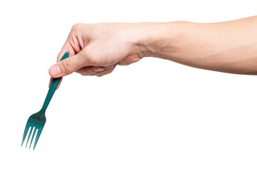 Male hand holding a green plastic fork isolated on white background.