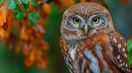 Small owl perched among colorful leaves looking directly at the viewer.