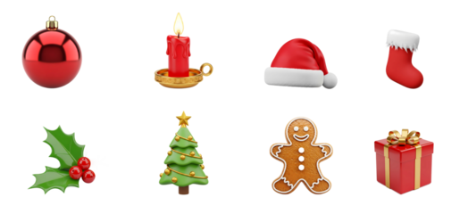 Christmas Icons PNG set with Santa hat, tree, candle, gift box, pack with stocking