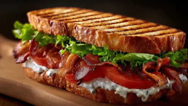 Grilled Bacon Lettuce and Tomato Sandwich on Wooden Board with Creamy White Sauce Close Up Studio Shot