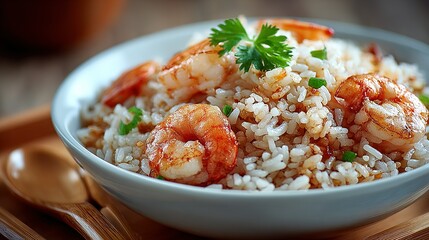 Bowl of rice with shrimp and green herbs on a wooden tray.