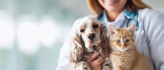 The veterinarian holding a spaniel puppy and an orange kitten during a clinic checkup