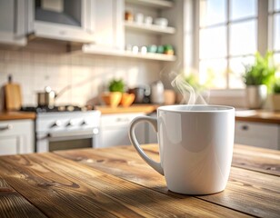 A steaming white ceramic mug on a rustic wooden table with blurred kitchen background