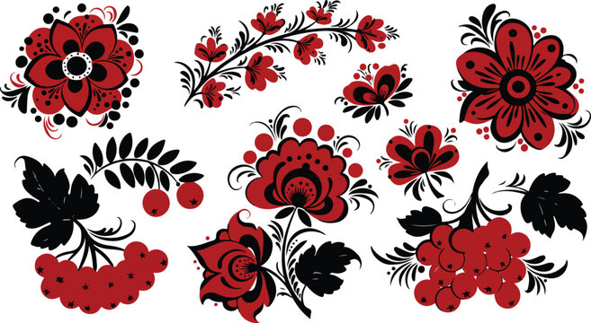 Traditional ukrainian petrykivka painting style floral and berry decorative elements set. folk art vector motifs for design, patterns, backgrounds.