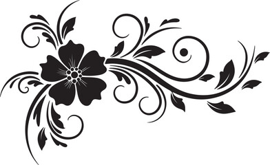 Elegant black floral swirl ornament with blooming flower and leaves, decorative flourish design element isolated on white, vector art