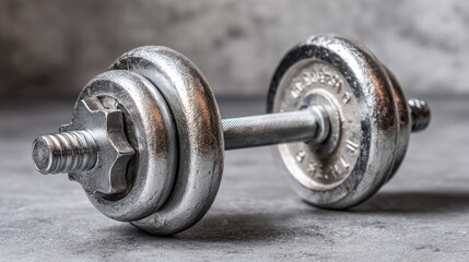 A silver dumbbell rests on a concrete surface, ready for workouts focused on strength training. The gym environment suggests a dedication to fitness and exercise routines.