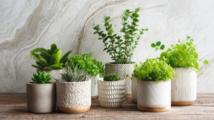 Fototapeta premium A collection of lush green plants is displayed in textured pots on a rustic wooden table. The arrangement showcases different types of succulents and foliage, enhancing the natural decor.