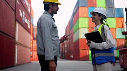 Collaboration meeting between warehouse staff and manager shipping yard professional interaction logistics environment close-up view teamwork concept - Powered by Adobe